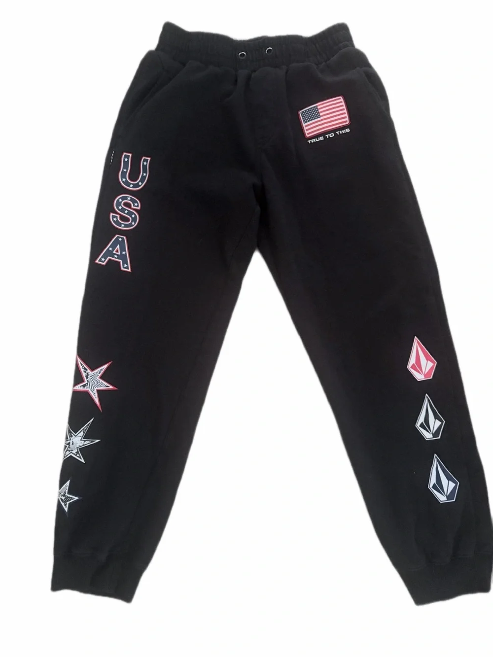 Volcom Black Sweatpants with USA Flag & Red-Accented Graphics NWOT